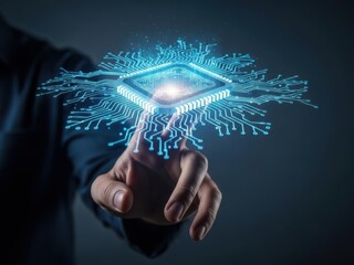 Hand touching a glowing blue circuit board connecting to a futuristic central processing unit (cpu) chip