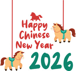 Happy Chinese New Year 2026 Greeting with Cute Horse Illustrations