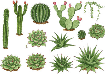 Vibrant watercolor illustrations of various green succulents and cacti: columnar with red blooms, prickly pear with pink fruit, multi-hued Echeveria, isolated on white with copy space. Concept of