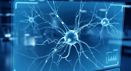 Detailed 3d neuron with electrical impulses on a blue digital display, representing brain activity, neuroscience, artificial intelligence, cognitive processes, and modern tech.