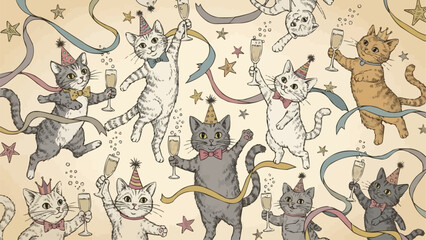 Cats Celebrating with Champagne and Party Hats in Festive Illustration. © ERIS