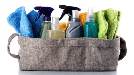 A basket filled with cleaning supplies, including microfiber cloths, spray bottles, and sponges, with a white background and a gray basket.