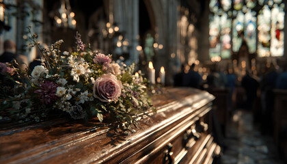 Funeral ceremony inside a sunlit church. Beautiful rose bouquet adorns a wooden coffin. Blurred people mourn, pay last respects to deceased at the farewell memorial service.