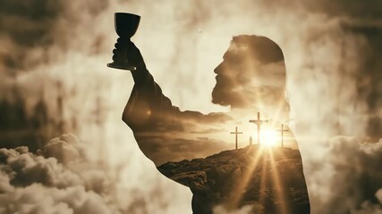 Man Jesus Christ silhouette with chalice and Golgotha crosses in ethereal clouds for Good Friday, Easter background, holy communion concept