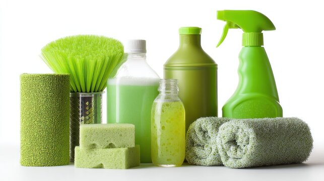 A variety of green cleaning products, including sponges, bottles, and sprays, arranged on a white surface with a green towel and a green sponge. - Powered by Adobe