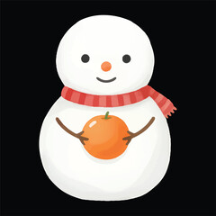 Cute snowman watercolor vector illustration holding orange isolated on black background
