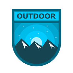 Outdoor mountain badge. Night sky adventure emblem. Suitable for camping, hiking, trekking, nature adventure graphics, travel labels, apparel prints and wilderness-themed designs. Vector illustration