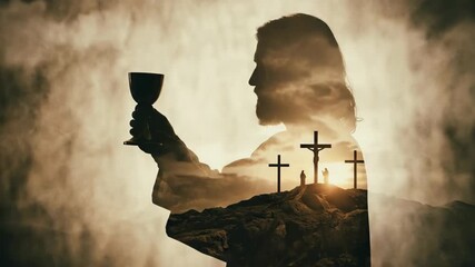 Jesus Christ holding chalice with Golgotha crucifixion scene and mystical cloud background for Good Friday and Easter.