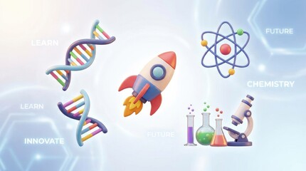 3D Rendered Icons of Science and Innovation with Futuristic Background technology education