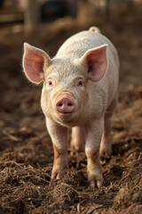 Piglet standing on a muddy farm looking at camera