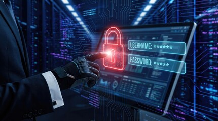 Gloved hand interacting with a digital security interface showing a red padlock and login fields finger