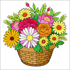 Colorful spring flower bouquet in a basket featuring daisies, chrysanthemums, and bright yellow blooms