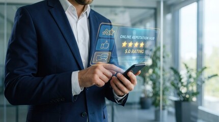 Man in suit holding smartphone with holographic online reputation hub interface showing ratings and feedback
