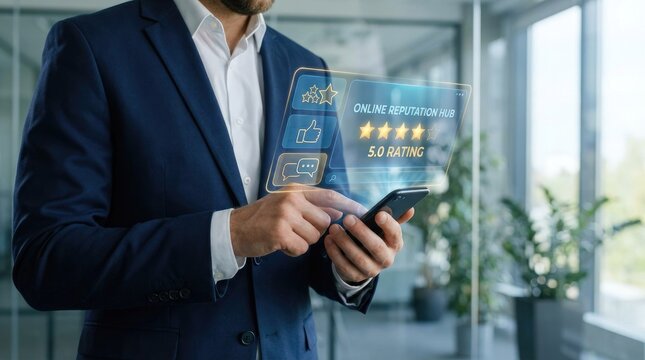 Man in suit holding smartphone with holographic online reputation hub interface showing ratings and feedback - Powered by Adobe