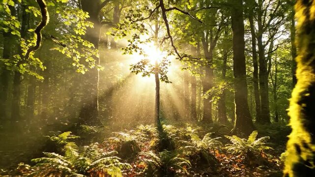 Sunlight filtering through a lush forest canopy illuminating ferns and dust motes