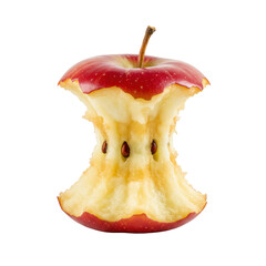 A single, partially eaten red apple core with textured yellow-white flesh and red skin, isolated against a transparent background. Concept of natural food consumption