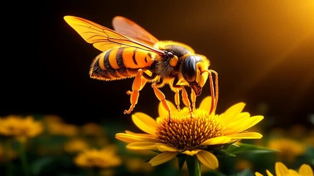 Dynamic honeybee gathering pollen from bright yellow flower in summer field