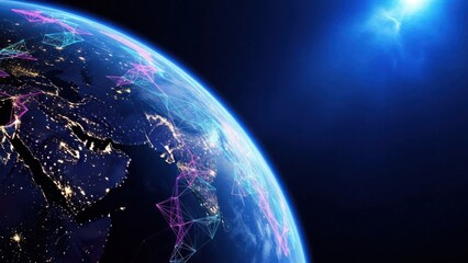 Global network connection on planet earth at night, digital data lines overlaying continents, space view.