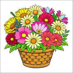 A colorful bouquet of yellow and pink gerbera daisies and other spring flowers blooming in a basket