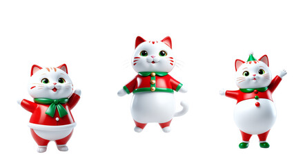 Set of Christmas character Isolated on transparent background Three playful cartoon cats dressed in festive red attire, showcasing joyful expressions and poses, ideal for holiday-themed designs and