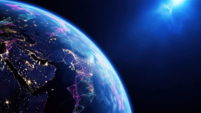 Global network connection on planet earth at night, digital data lines overlaying continents, space view.