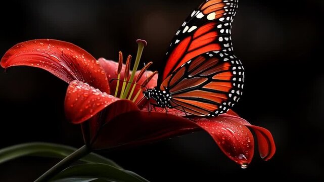 Monarch butterfly gracefully alights on vibrant red lily in a garden scene video