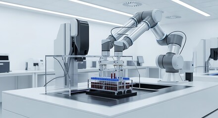 Automated robotic arm performing precise sample analysis in a sterile, modern laboratory, showcasing advanced medical technology, scientific research, and future healthcare diagnostics.