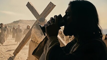 Jesus christ carries cross with crown of thorns on shoulder, man drinks from chalice, a moving depiction of Good Friday and sacrifice