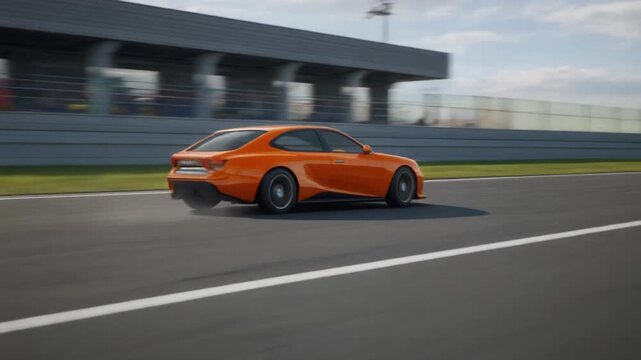 A fast automobile creates a motion blur while driving at high speed down a busy city highway traffic road
