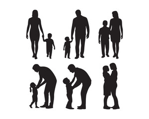 Parent & Child, family moment, father-mother-child holding hands, mother holding child’s hand, family walking together Vector Silhouette illustration design set collection, parent and child silhouette