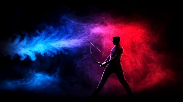 Dynamic archer aiming bow with intense focus in colorful smoke background motion
