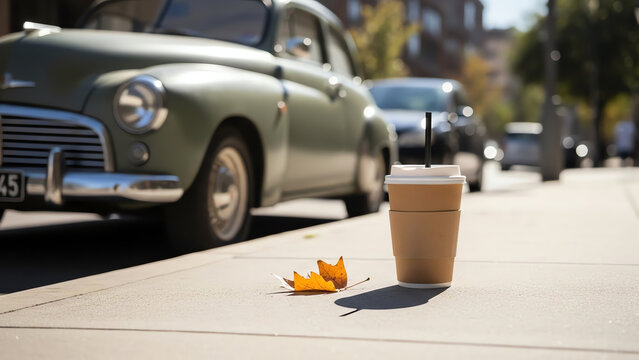 Fototapeta Takeaway coffee cup on sidewalk beside vintage car in autumn  