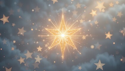 Sparkling golden starburst radiates light in a dreamy celestial sky for holiday magic, creating a sense of wonder and festive cheer this season