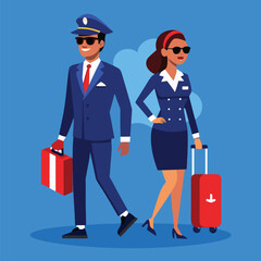 Airport staff illustration shows smiling African American man and woman with luggage on a blue background