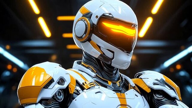 Dynamic futuristic robot awaits next command in glowing sci-fi environment sequence