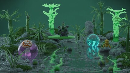 Fantasy alien world scene render with glowing plants and strange creatures
