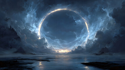 A dramatic glowing portal of swirling energy opens in an ethereal blue sky above a dark reflective landscape