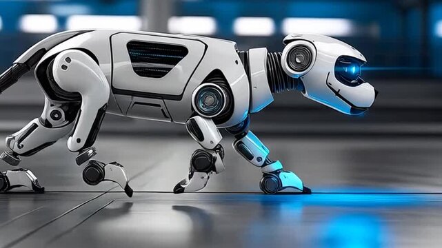 Futuristic robotic dog prowling with glowing blue eyes in sleek laboratory setting