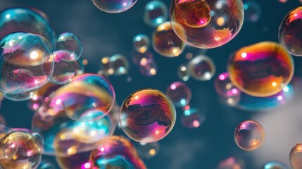 Soap bubbles dance gracefully in the sky on a sunny afternoon showcasing vibrant colors and reflections. The scene feels magical and lively inviting joy and wonder.