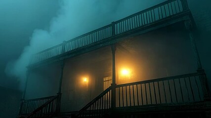 Eerie haunted house with glowing lights creating spooky suspenseful atmosphere