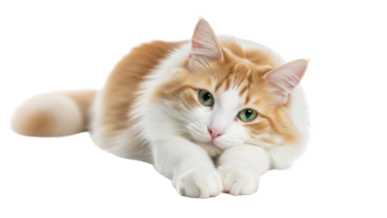Ginger and white cat lying down isolated PNG with Transparent Background
