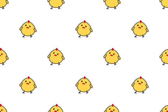 Cute seamless natural pattern, yellow chicks with  red crest on  white background. Animal, chicken on  farm. Easter. For wallpaper, textiles, packaging, backgrounds and websites. Flat cartoon design.