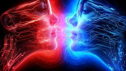 Dynamic digital faces clash with glowing circuitry in intense virtual reality confrontation - Powered by Adobe