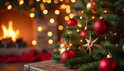 Christmas tree with ornaments and fireplace in background for holiday season