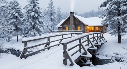 Cozy log cabin with glowing windows in a snowy winter forest.