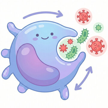 Adorable phagocyte engulfing pathogens, a cute illustration about immune system, health defense, and medical education, perfect for kids or health campaigns