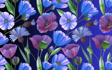 Seamless floral pattern of purple and yellow flowers in a spring garden background vector illustration design