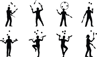 Set of Jugglers Silhouette Vector Illustration, Performers Juggling Balls and Clubs in Various Circus Poses, Black and White Entertainment Icons