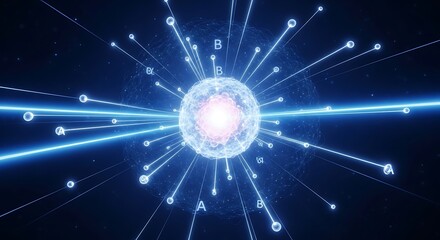 Abstract visualization of quantum computing and artificial intelligence concepts, showcasing a central glowing core transmitting intricate data streams and interconnected nodes in a digital network
