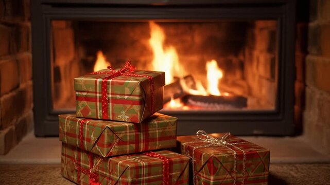 Festive Christmas presents stacked in front of a warm and cozy fireplace